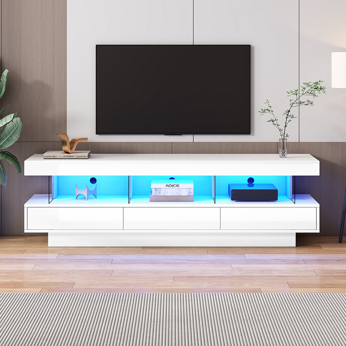 KOMHTOM TV Meubel met 3 glazen planken, LED-verlichting Bluetooth connectiviteit voor 70” TV glanzend glazen smart TV-standaard wit