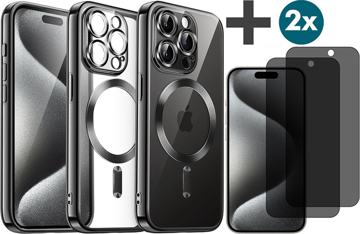 Hoesje met Privacy Screenprotectors 2 Stuks Geschikt voor iphone 15 Pro Max Hoesje - Geschikt voor MagSafe - Arara siliconen Backcover - Zwart