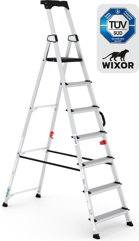 Foto: Wixor trapladder handyman huishoudtrap 7 treden professionele trap enkel oploopbare trap keukentrap tuv gecertificeerd en131