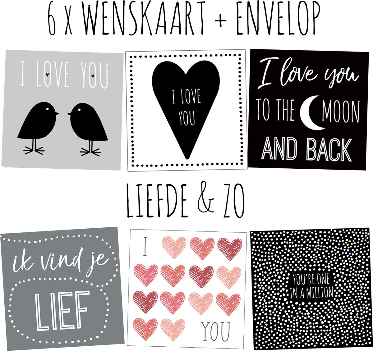 6x wenskaarten / set kaarten met enveloppen | LIEFDE & ZO | o.a. I love you / ik vind je lief