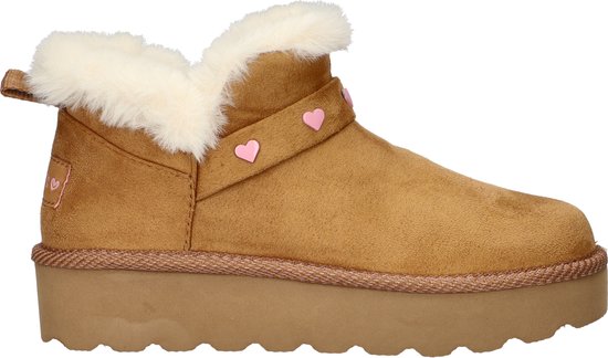 Bruine suède enkellaars met witte bontrand, roze hartjes en platformzool.