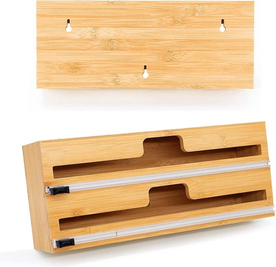 Vershoudfoliedispenser en -snijder, 4 in 1 aluminiumfoliedispenser met keukenrolhouder, aan de muur gemonteerde bamboe keukenfolie-organizeropslag, compatibel met 12 rol
