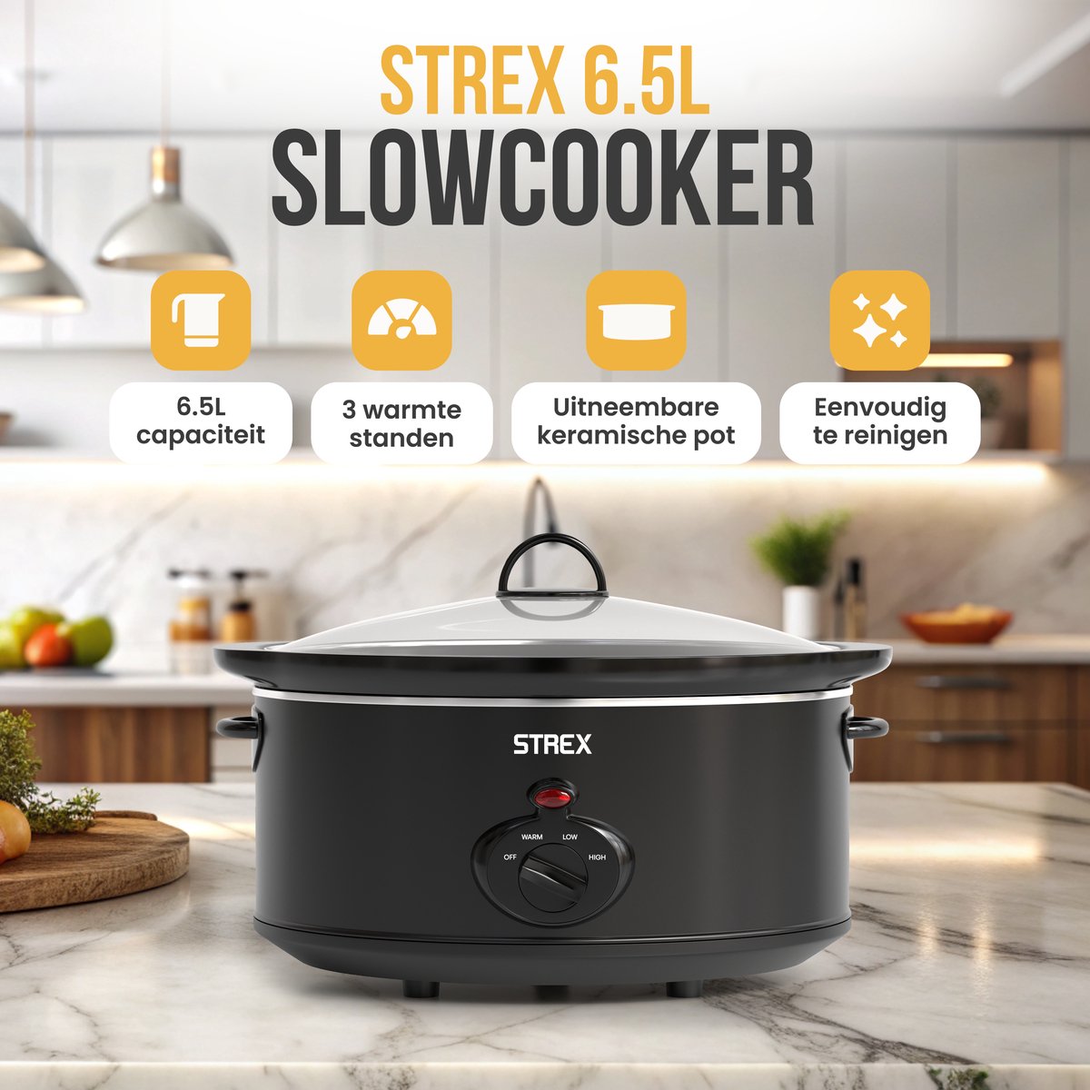 Afbeelding 2 van Strex Slowcooker 6.5L - Uitneembare Keramische Binnenpan - Warmhoudfunctie - Slow Cooker - Zwart