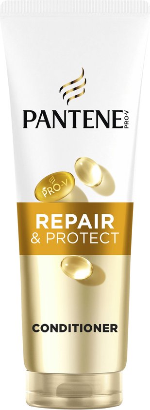Après-shampoing Pantene Pro-V dans un tube blanc avec des accents dorés. Le texte "REPAIR & PROTECT" est en lettres dorées sur une bande dorée.