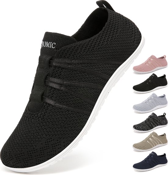 GEWEO Barefoot Schoenen - Instappers - Gymschoenen Zaalschoenen - Sportschoenen Sneaker - Ademend Knit Mesh - Platte Zool - Zwart - Maat 39