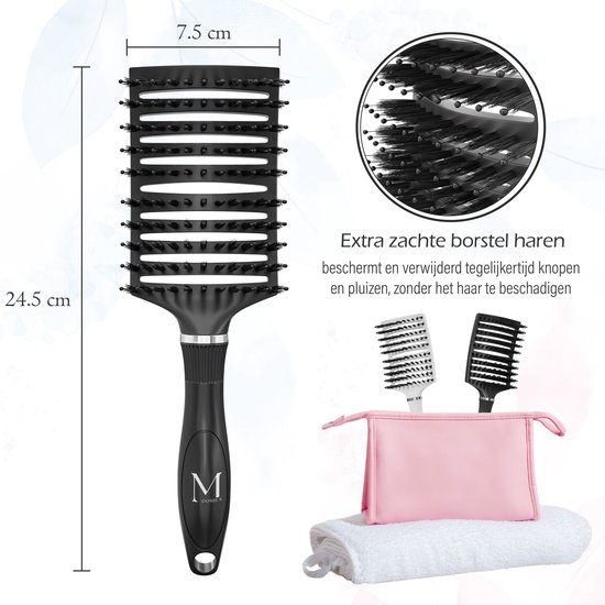 MOONIE'S® Brosse à cheveux anti-emmêlement - Brosse à cheveux - Courbe - Brosse à cheveux sèche-cheveux - Zwart