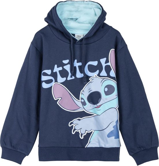 Donkerblauwe hoodie met Stitch-print op de voorkant, lichte blauwe capuchonvoering.