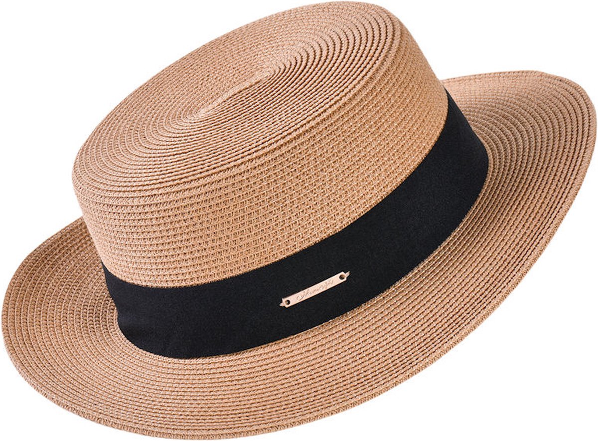 Decopatent - Zonnehoed Dames Rond - Zomerhoed met Zwarte Rand - Strohoed UV - Ø58 cm - Strandhoed Hoofddeksel Rond - Hoed voor Volwassenen - Kleur: Bruin met Zwarte Rand
