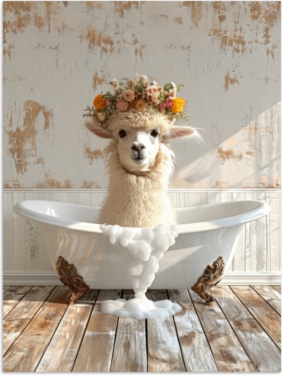 Poster 90x120 cm - Vintage - Alpaca - Badkuip - Bloemen - Dieren - Posters - Wanddecoratie