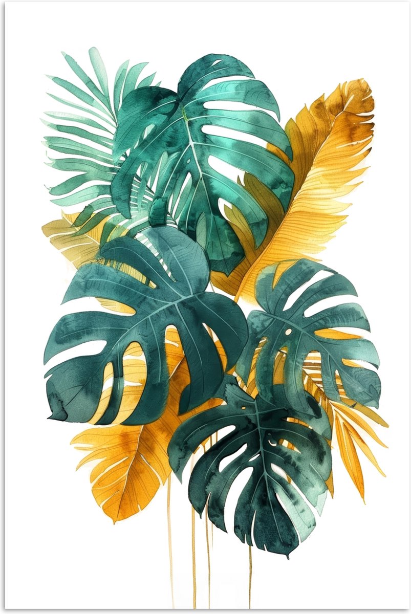 Poster 20x30 cm - Bladeren - Tropisch - Goud - Groen - Modern - Posters - Wanddecoratie ba