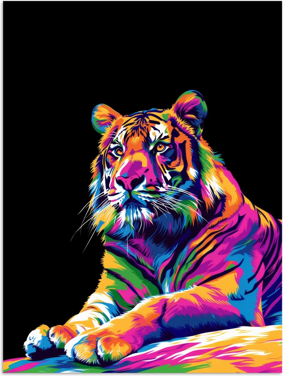 PosterMonkey Posters - Tijger kleurrijk neon - Zwarte achtergrond