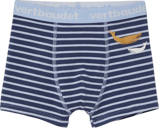 Boxer garçon bleu foncé à rayures blanches et imprimé d'une baleine orange et blanche. Ceinture bleu clair avec logo "vertbaudet".