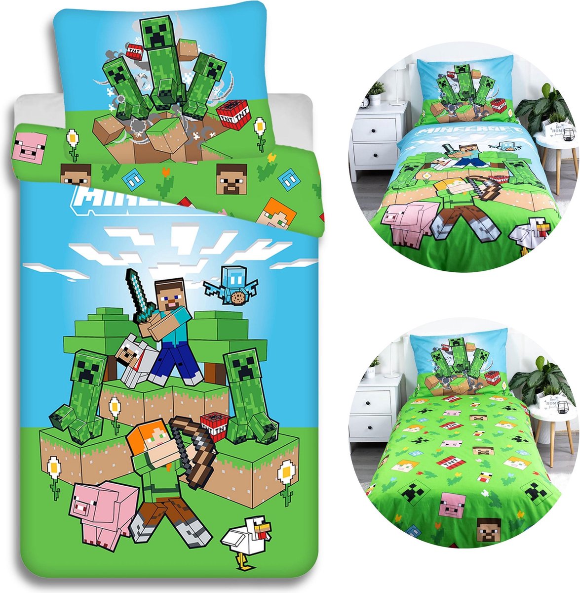 Minecraft Set van KATOENEN beddengoed, beddengoed met ritssluiting VOOR GAMERS 140x200 cm, Oeko-Tex