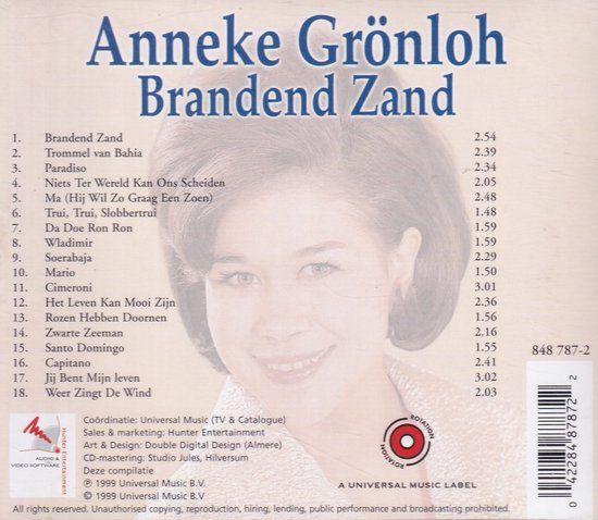 Anneke Grönloh met blonde opgestoken haar, met de titel 'Brandend Zand'.