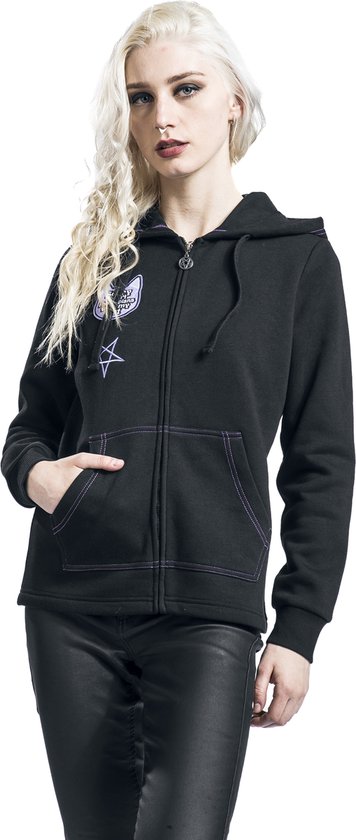 Manteau à capuche noir Gothicana avec écusson chat cousu - Femme - L