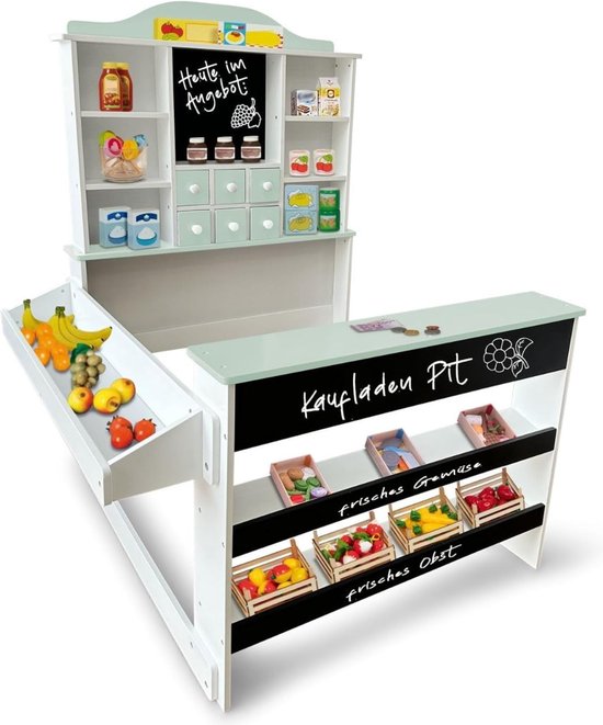 Coemo Kaufladen Pit - Houten Speelwinkel met Theke, Kreidetafeln en Schuiflades, Geschikt voor Kinderen vanaf 3 Jaar