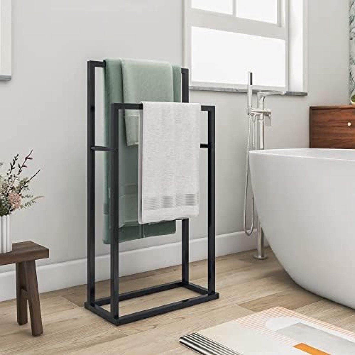 Vrijstaande handdoekhouder - 2-tier organizer voor bad- en handdoeken, badkameraccessoires, zwart
