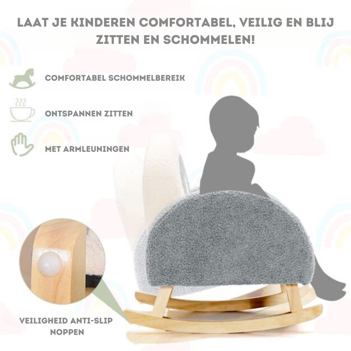 Trendmix Kinderschommelstoel Teddy Grijs – Schommelstoel Kind 3-5 Jaar – Ergonomisch & Zacht – Houten Onderstel – 50,8 × 49,5 × 50,8 cm — afbeelding 3
