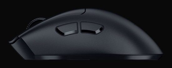 Zijprofiel van een zwarte Razer DeathAdder V3 hyperspeed gaming muis met twee programmeerbare knoppen.