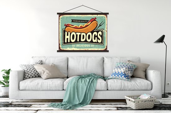 Porte-affiche avec affiche - Affiche scolaire - Hot dog - Vintage - Illustration - 150x113 cm - Lattes noires