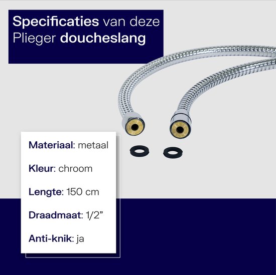 Metalen doucheslang, chroomkleurig, 150 cm lang met 1/2" aansluiting.