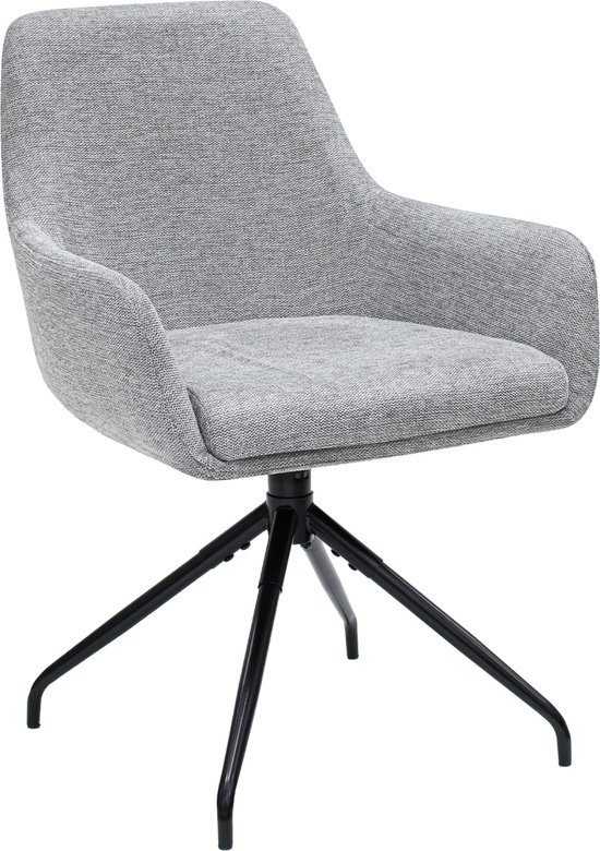 Grijze stoffen fauteuil met zwarte spinpoot.