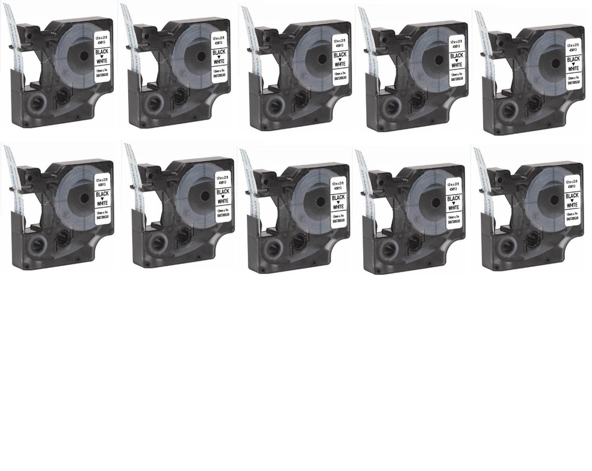Label Tape Geschikt voor Dymo D1 45013 - Zwart op Wit | 12 mm x 7 m | S0720530 - 10 stuks - Geschikt voor: 100 100PLUS 120P 150 160 200 210D 220P 260P 280 300 350 350D 360D 400 400 Duo 420P 450 450D 450 Duo