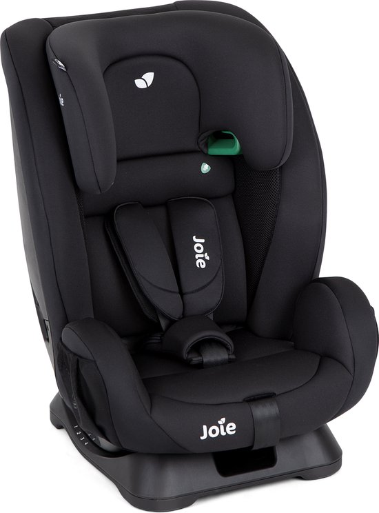 Zwarte Joie kinderstoel met vijfpuntsgordel en verstelbare hoofdsteun.