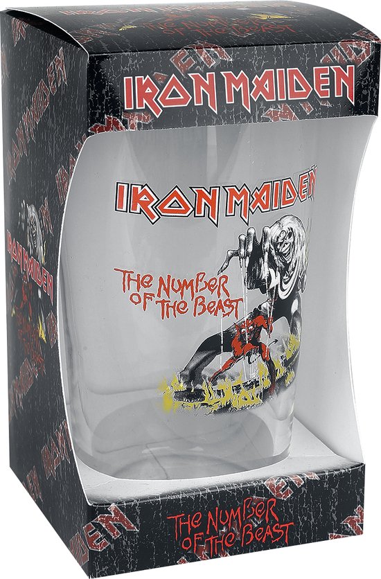 Iron Maiden 'The Number of the Beast' glas in verpakking.