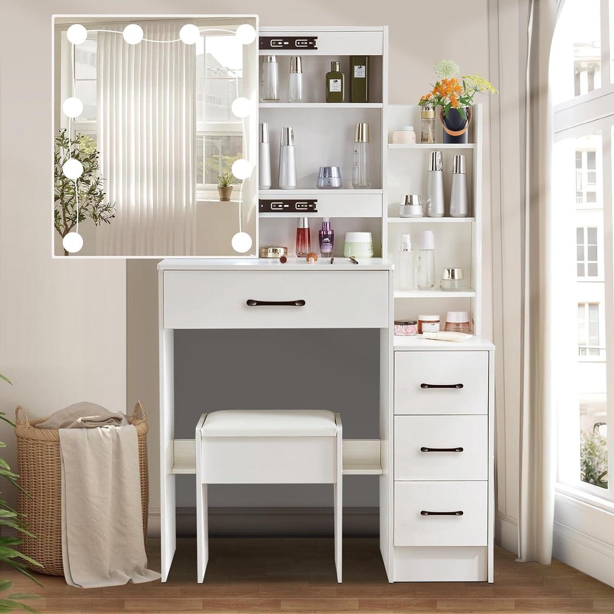 Make-uptafel met Hollywood-ledverlichting - Moderne kaptafel met spiegel en kruk - 4 laden en 4 open vakken - Wit make up tafel