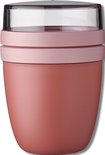 Roze Mepal lunchpot met helder deksel en twee lichtere roze banden.