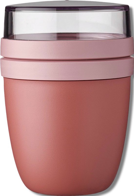 Roze Mepal lunchpot met helder deksel en twee lichtere roze banden.