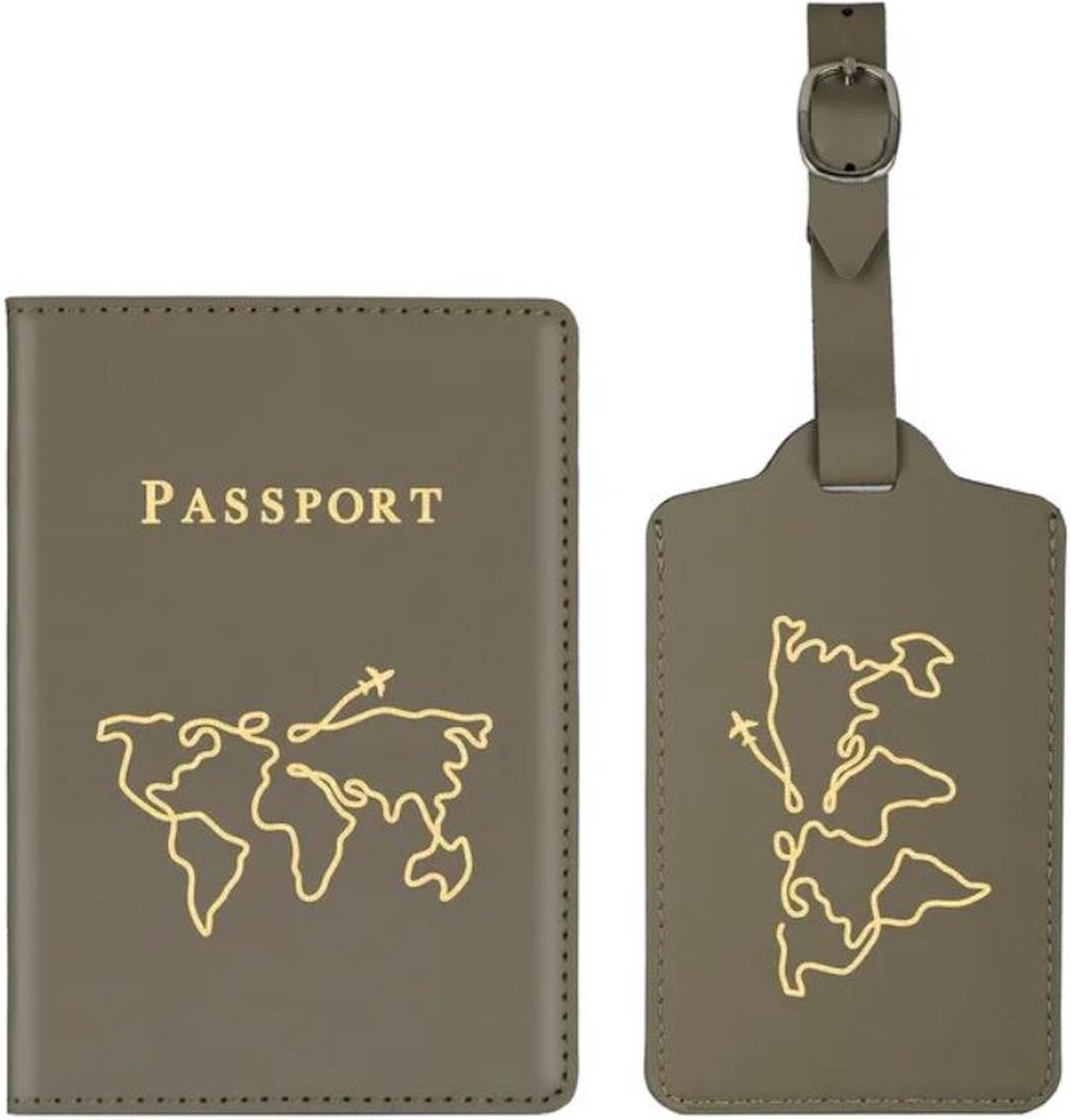 Paspoort hoesje met kofferlabel - Paspoorthouder - Bagage label - Vliegen - Vakantie - Olijfgroen / Goud - PU leer - 11 cm x 17 cm