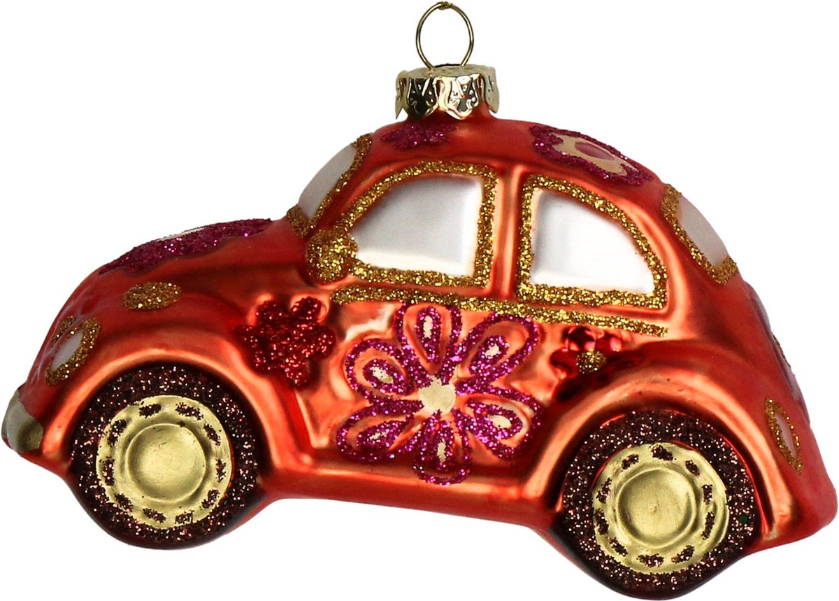 Oranje glazen kerstbal met auto-ontwerp, 11.4 cm, HD Collection.
