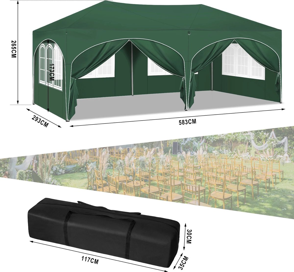 DHN Partytenten - Partytent opvouwbaar - Partytent easy up met zijwanden - Waterdicht en Weersbestendig - 3x6 m - Groen