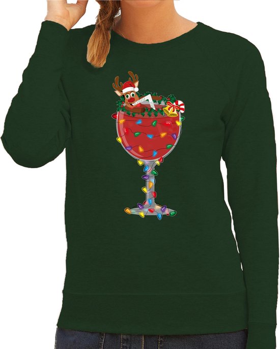 Bellatio Decorations Foute Kersttrui/sweater voor dames - cocktailglas met Rudolf - groen - kerstcadeau M