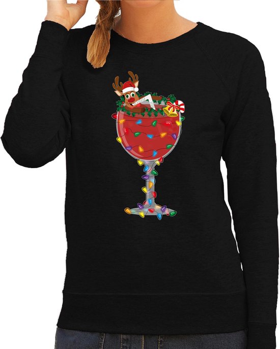 Bellatio Decorations Foute Kersttrui/sweater voor dames - cocktailglas met Rudolf - zwart - kerstcadeau M