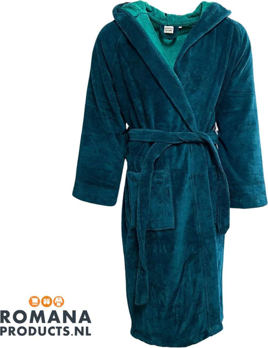 Romana Products Velvet - Badjas met Capuchon - Velvet Petrol - Maat M - Hoogwaardige kwaliteit - Zeer luxe - Ochtendjas - Luxe Badstof van Katoen en Polyester - Heerlijk warm - Super zacht fleece - Binnenzijde katoen - voor sauna en thuisgebruik