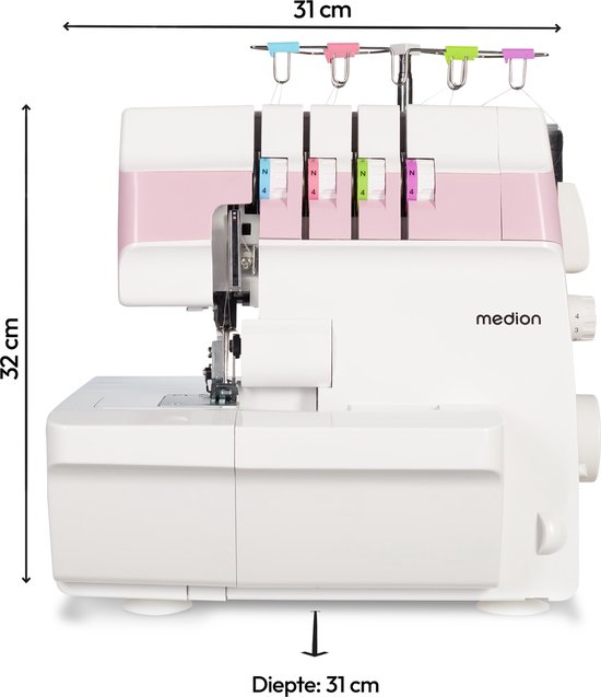 MEDION overlock naaimachine SO90 (elektrisch, 90 watt, LED-lampje, one-pass snijden, uitgebreide accessoires, MD19169) roze
