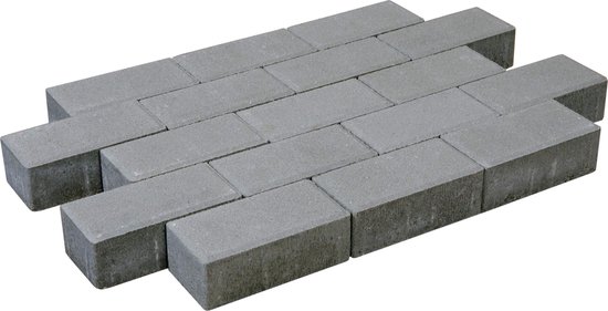 Grijze betonklinkers, 22x10,9x6cm, gestapeld in een patroon.