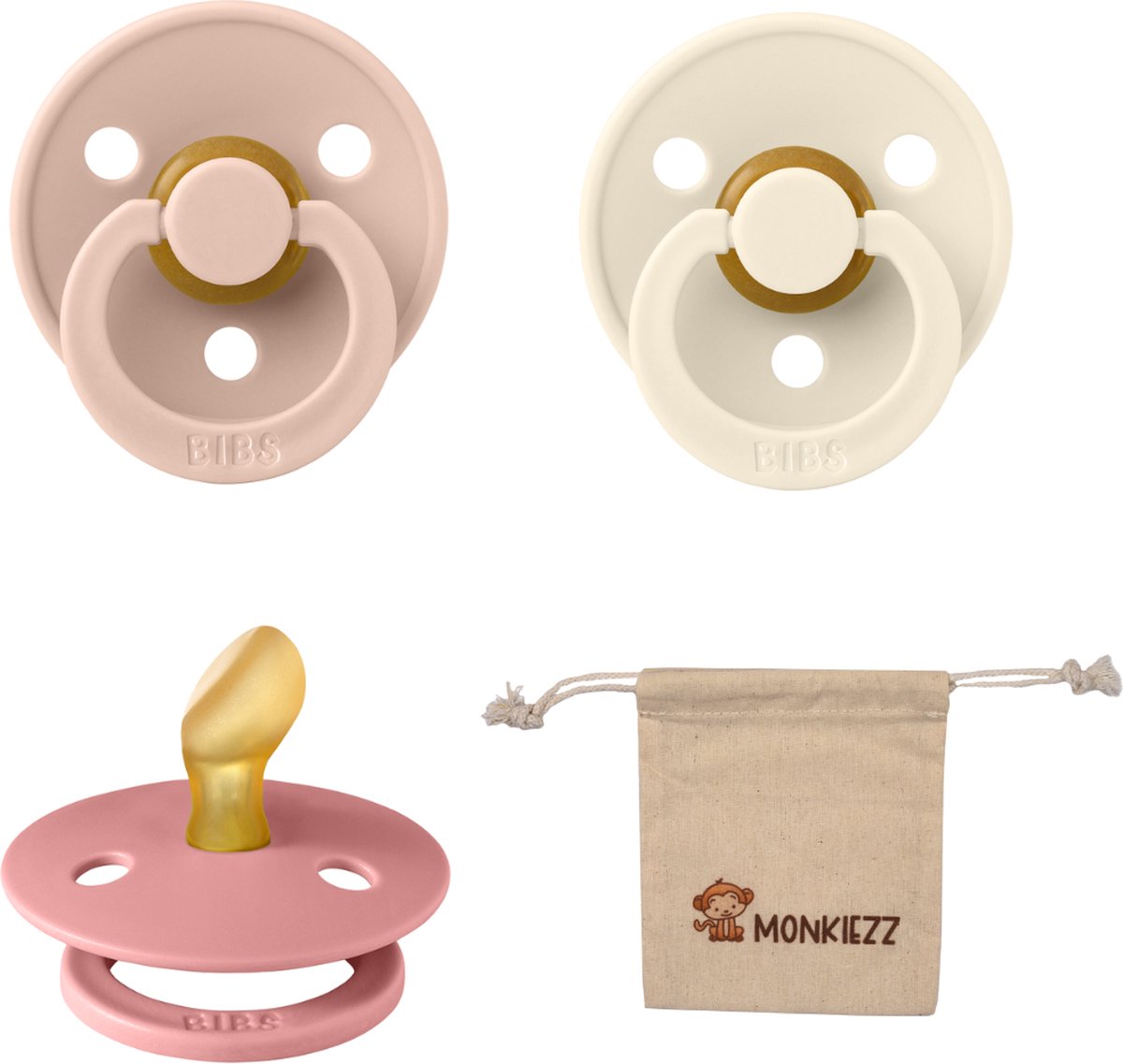 Goedkoopste Bibs Dental fopspenen Anatomical 0-6 maanden- Set 3 stuks- Ivory, Blush, Dusty Pink Monkiezz speenzakje - orthodontisch- Anatomisch- Maat 1