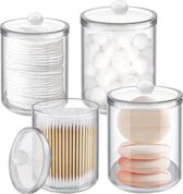 Porte-coton avec couvercle - 4 pièces - Distributeur de coton - Pot à coton - Porte-bâtonnets d'oreille - Porte-coton - Porte-coton - Rangement pour sièges-auto - Organisateur de maquillage - Accessoires de salle de bain - Transparent
