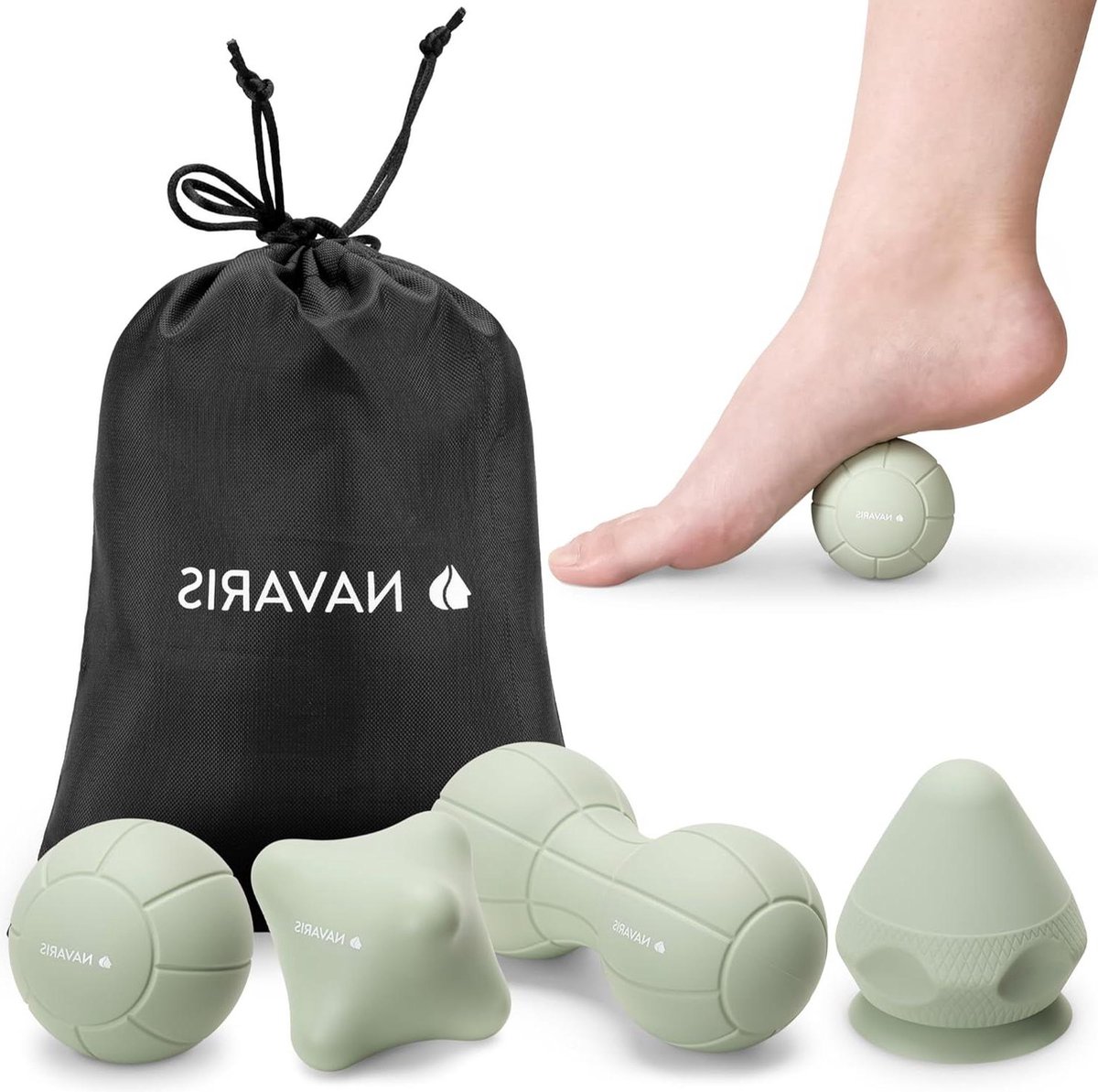 Goedkoopste 4-delige zelfmassage set met lacrosse bal - pinda bal - triggerpoint bal - massage punt en zuignap - opbergtas - groen massage bal voeten