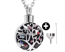 Ashanger - Urn - Levensboom - Tree of life - Gekleurde zirkonia - incl Verstelbare Ketting 46 - 52cm en vulsetje - Asketting - As sieraad - Stainless Steel