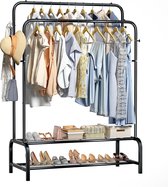 Eleganca Kledingrek - H157 x B110 x D56 cm - Garderoberek - Dressboy - Kledingstang - Dubbel Kledingrek - 2 Kledingstangen en 2 Schoenenplanken - Stevige Kledingrekken - Metaal - Zwart