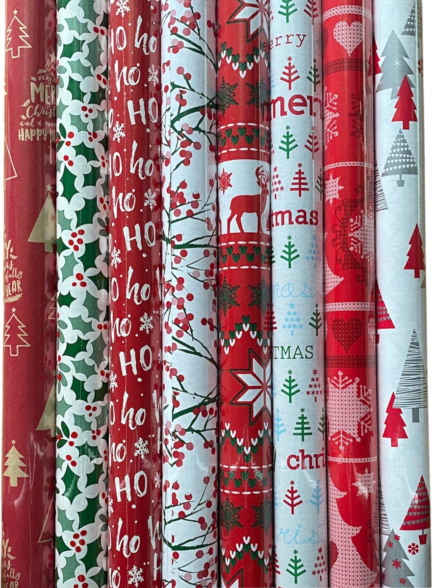 FESTIVE GIFTS Inpakpapier - Cadeaupapier - 300 x 70cm - 8 rollen - Kerst - Luxe Cadeauverpakking - Kleurrijk