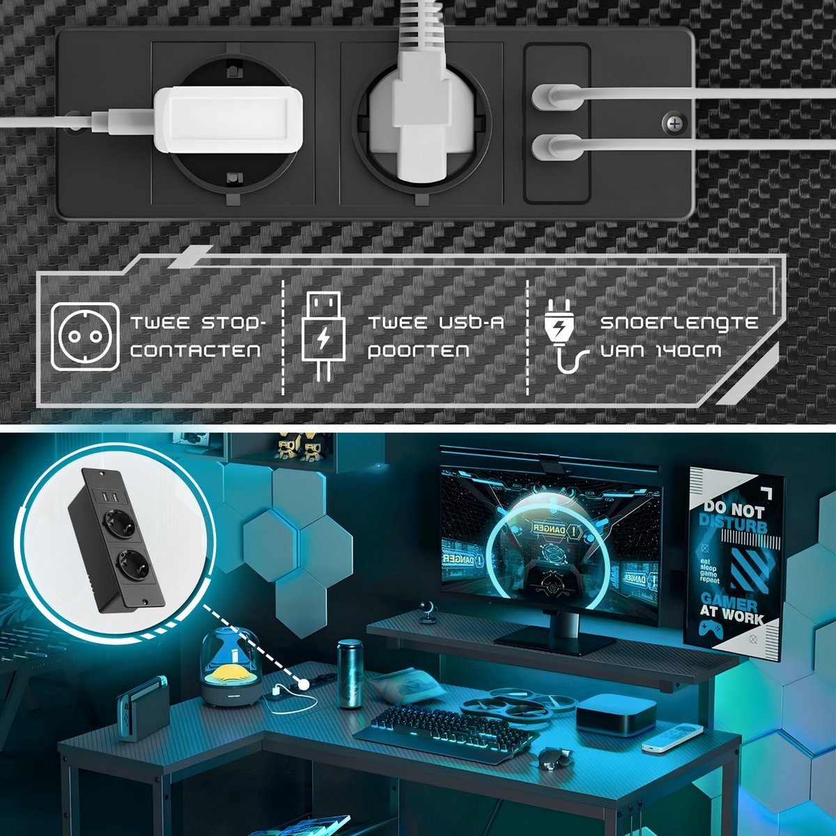 Five Stars® L-Vormig Game Bureau - 107x80x76 cm - Game Bureau met LED verlichting - Zwart Carbon - Hoekbureau - Gaming Desk - Computertafel