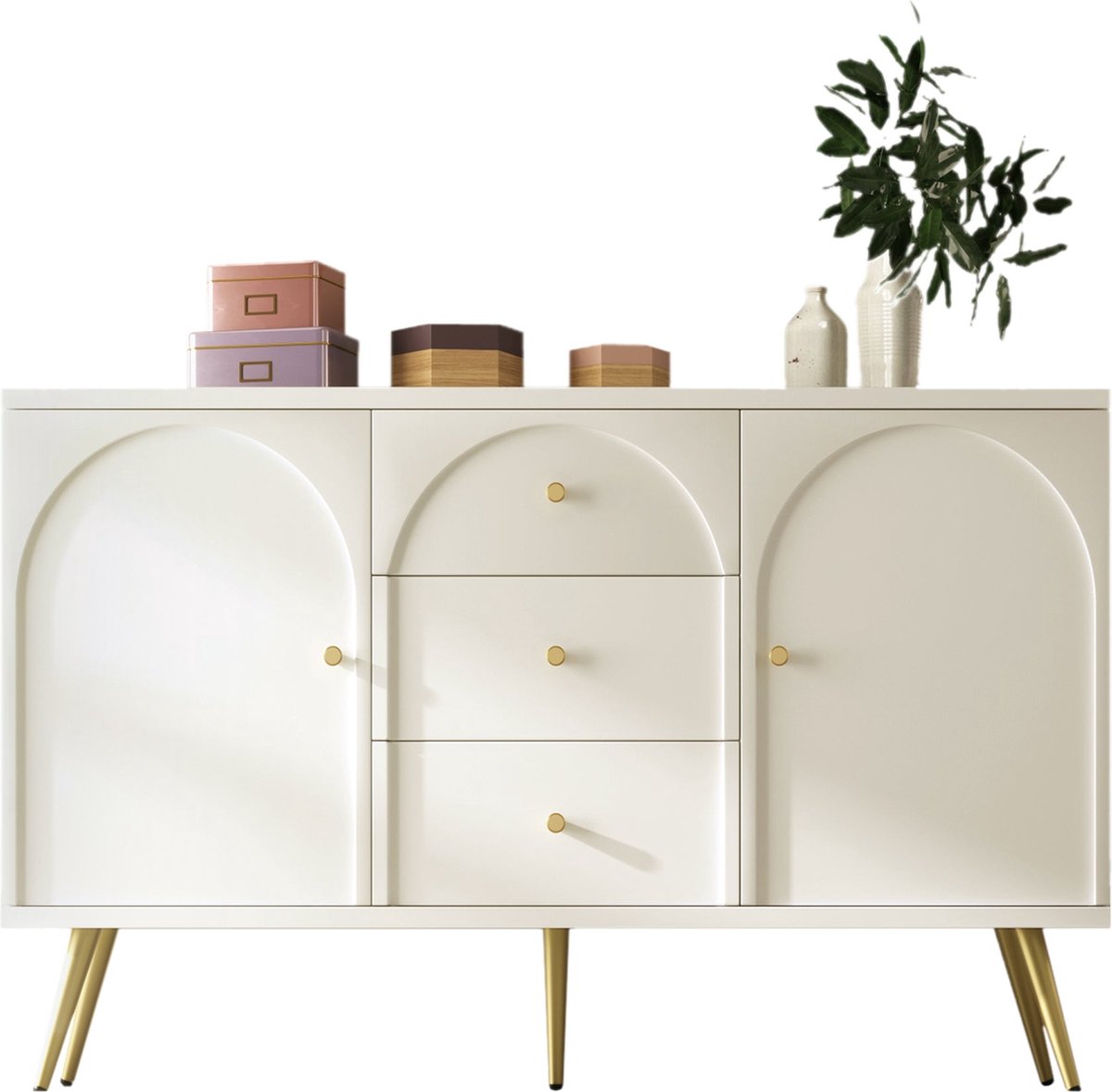 Merax Dressoir met 2 Deuren en 3 Laden - Verstelbare Planken - Crème-Wit met Goud
