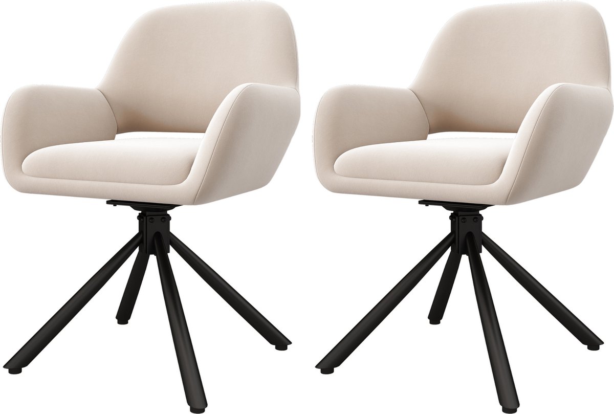 Merax Draaiende Velvet Eetkamerstoelen Set van 2 met Armleuningen - Modern en Eenvoudig - Beige met Zwart