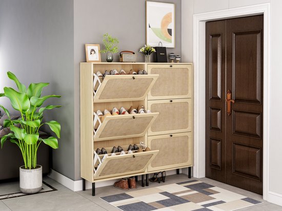 Lexiou Rotan schoenenkast met 2 deuren met verstelbare plank walnootkleur mooi gevormde schoenenkast voor hal, woon- en slaapkamer